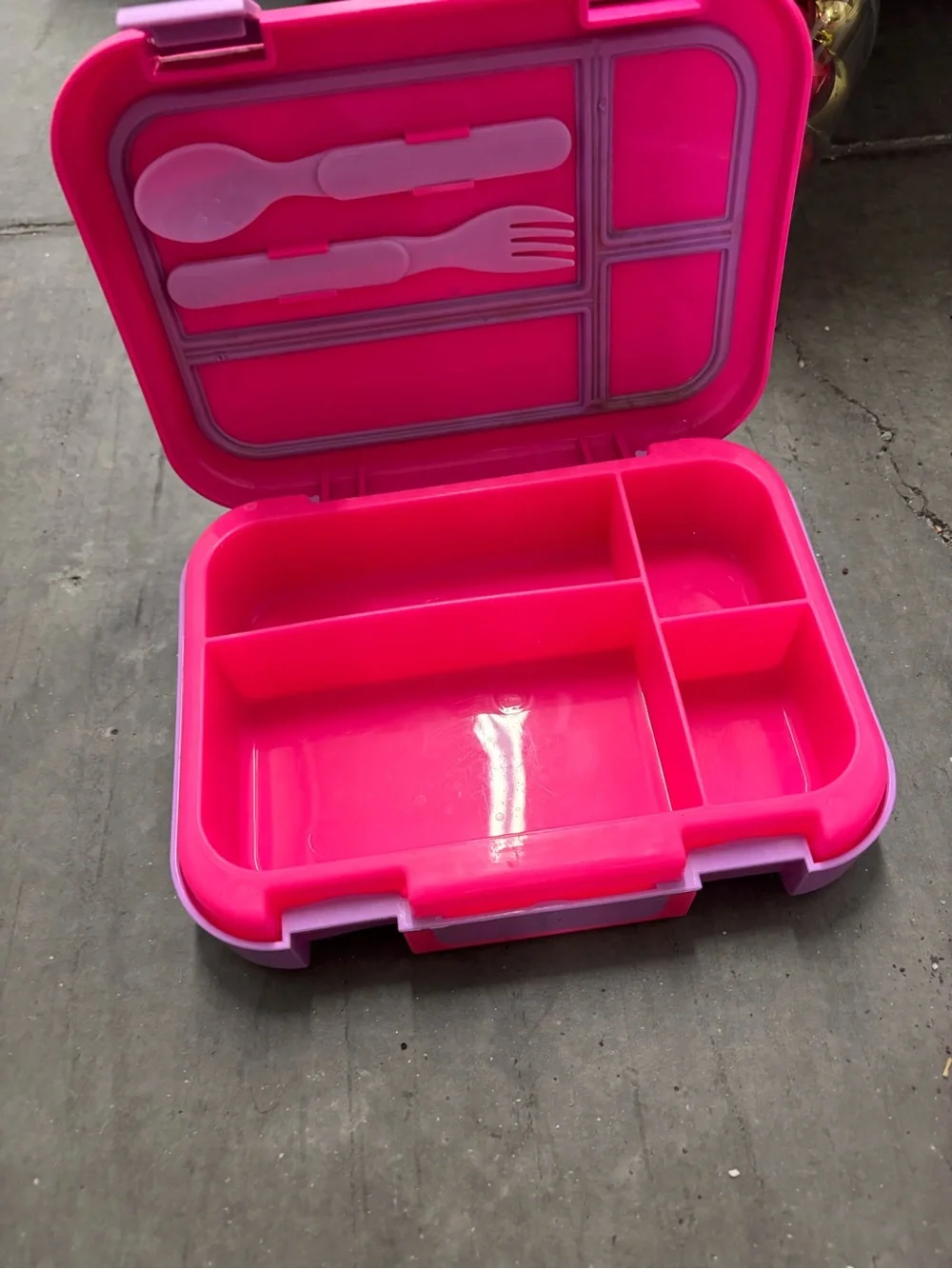 Pink Purple Plastic Bento Box 4 Compartments Snap Lid Handle w/ Fork Spoon